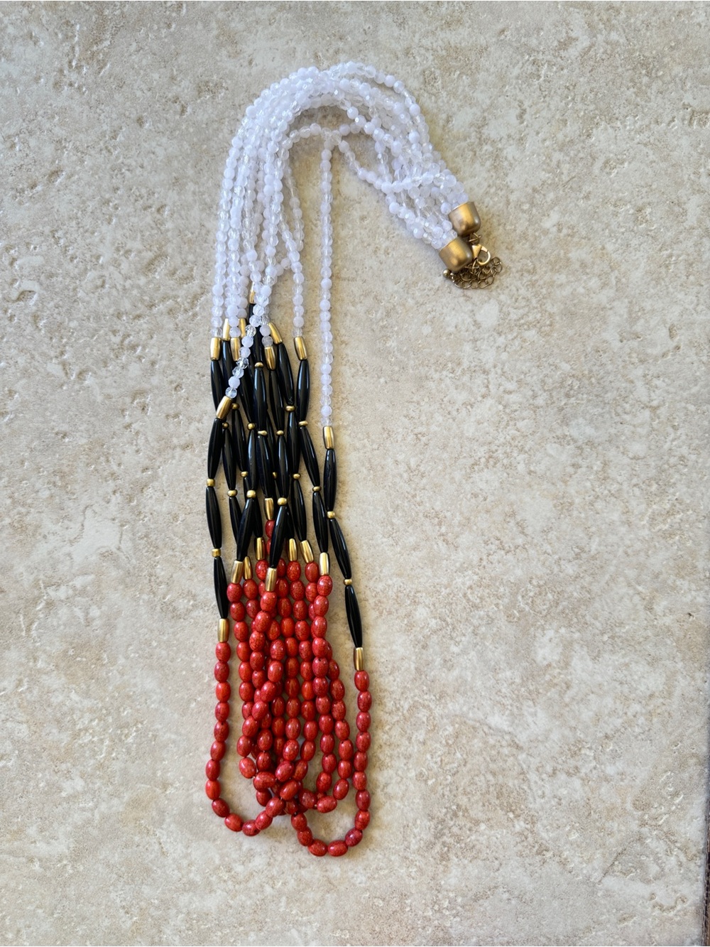 Multi-Strand Red, Black & White Beaded Necklace